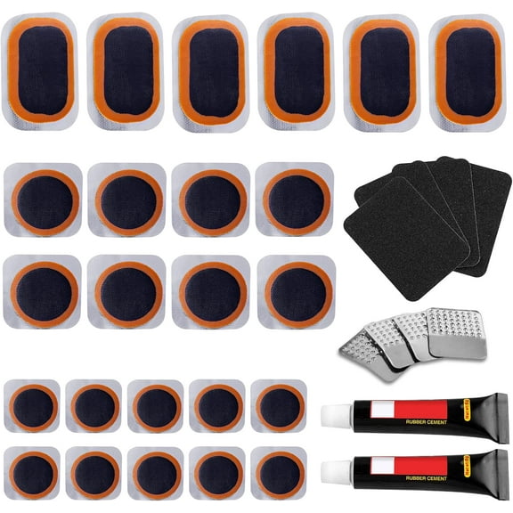 Bike Tire Repair Kits - Bycicle Inner Tube Puncture Patch Kit with 24PCS Vulcanizing Patches,Sandpaper,Metal Rasp, for Cycling, Motorcycle, BMX, ATVs, Inflatable Rubber
