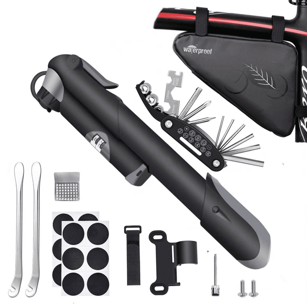Bike Tire Repair Tool Kit, Waterproof Frame Triangle Bag & Mini Pump