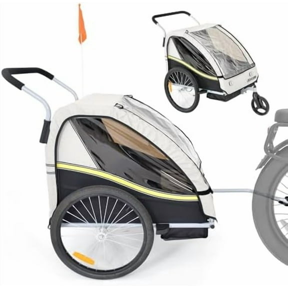 Bike Trailer for Kids, Stroller, Suitable for 1 to 2 Kids, 5-Point Harness, Padded seat and Backrest, Folding Frame, Quick Release Wheels, 8" Swivel Front Wheel, Bug Screen & Weather Shield