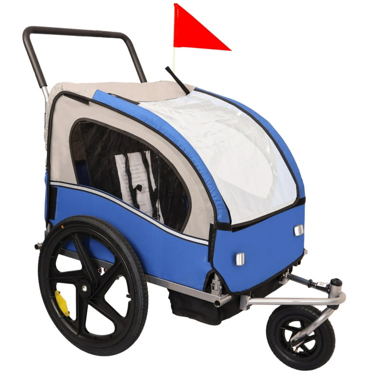 Bike Trailer with Pivot Front Wheel 2 in 1 Double 2 Seat Bicycle Bike Trailer Jogger Stroller for Kids Children Foldable Collapsible Blue and Gray Walmart