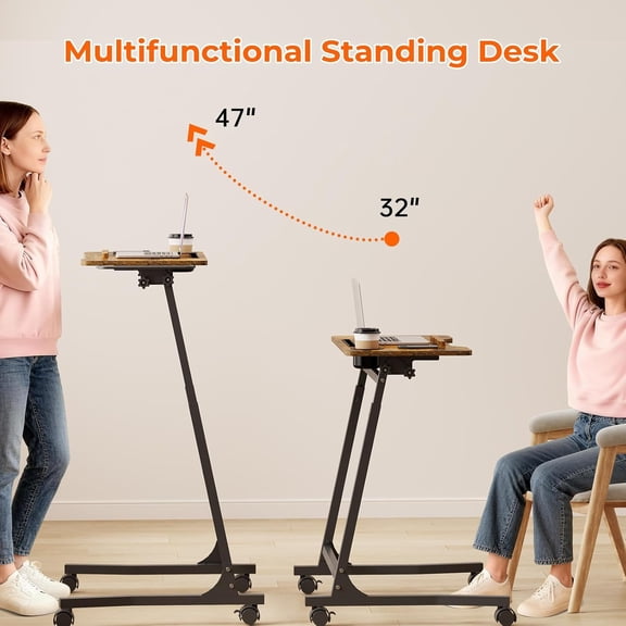 Bike Trainer Desk with Wheels, Adjustable Treadmill Desk for Walking Pad, Rolling Standing Workstation for Laptop Phone Brown Wood