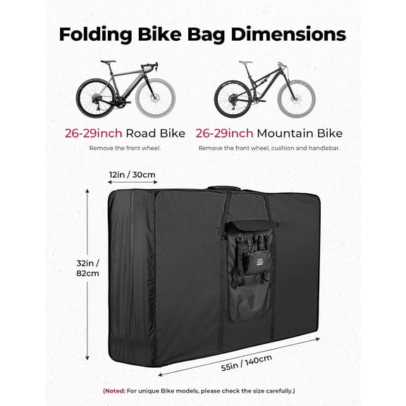 Bike Travel Bag Heavy-Duty 900D Water-Resistant with Fixed Buckles Interior Compartments Fits 26-29 Inch Mountain Road E-Bikes