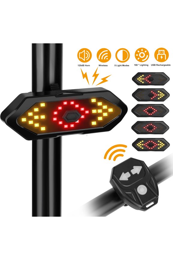 Bike Turn Signals, 5-in-1 Smart Bright Bike Tail Light w/ Turn Signal, Wireless Remote Control Waterproof Bicycle Rear Light 100 Lumens USB Rechargeable LED Rear Bike Light