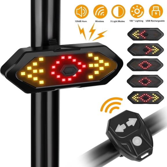 Bike Turn Signals Light, Bike Tail Light with Turn Signals, Bicycle Rear Light Back, Wireless Remote Control IPX4 Waterproof, Rechargeable Cycling Rear Light with Horn for Night Riding (Black)