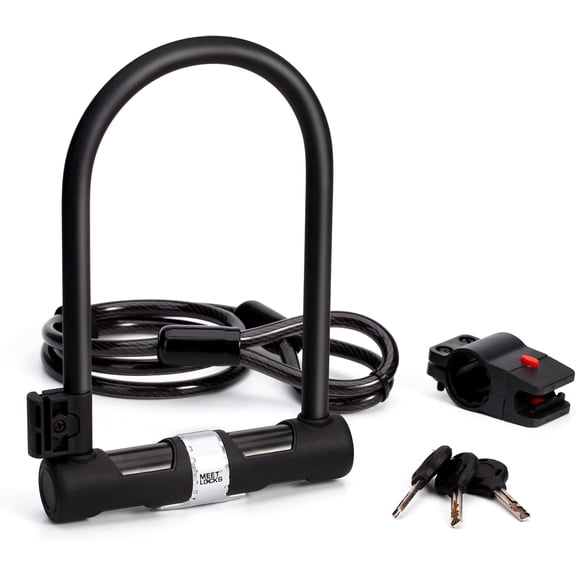 Bike U Lock with 4FT Steel Cable,Heavy Duty Motorcycle Lock with Heat Treated Lock Core,Fix Bracket,3 White Brass Keys,for Bikes, Scooters, Gates, Fences,6.3x9.7 Inch (162mmx248mm)