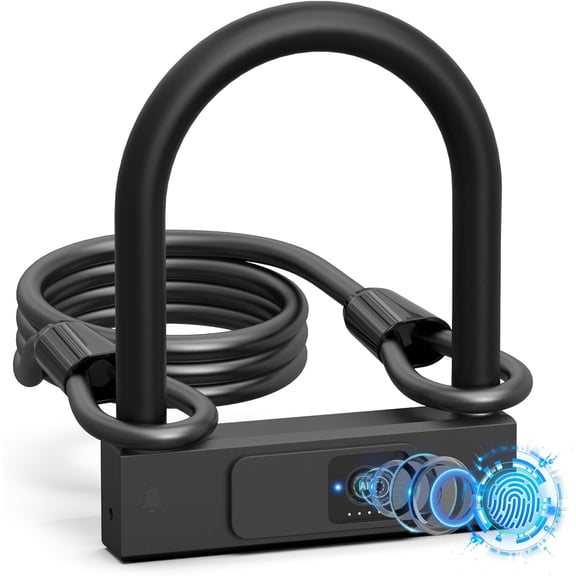 Bike U Lock with Fingerprint, Heavy Duty Anti Theft Smart Bike Cable U Lock with Key, 18.4mm Shackle with 5ft Cable Electric Waterproof Bicycle Lock for Road, Mountain, Electric & Folding Bike