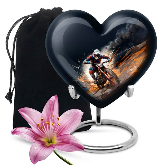 Bike Urns For Human Ashes Adult Female - Heart Shaped Urn For Ashes, Urns For Human Ashes Adult Male, Cremation Urns For Adult Ashes Women, Decorative Urns, 8 Inch With Velvet Bag And Stand