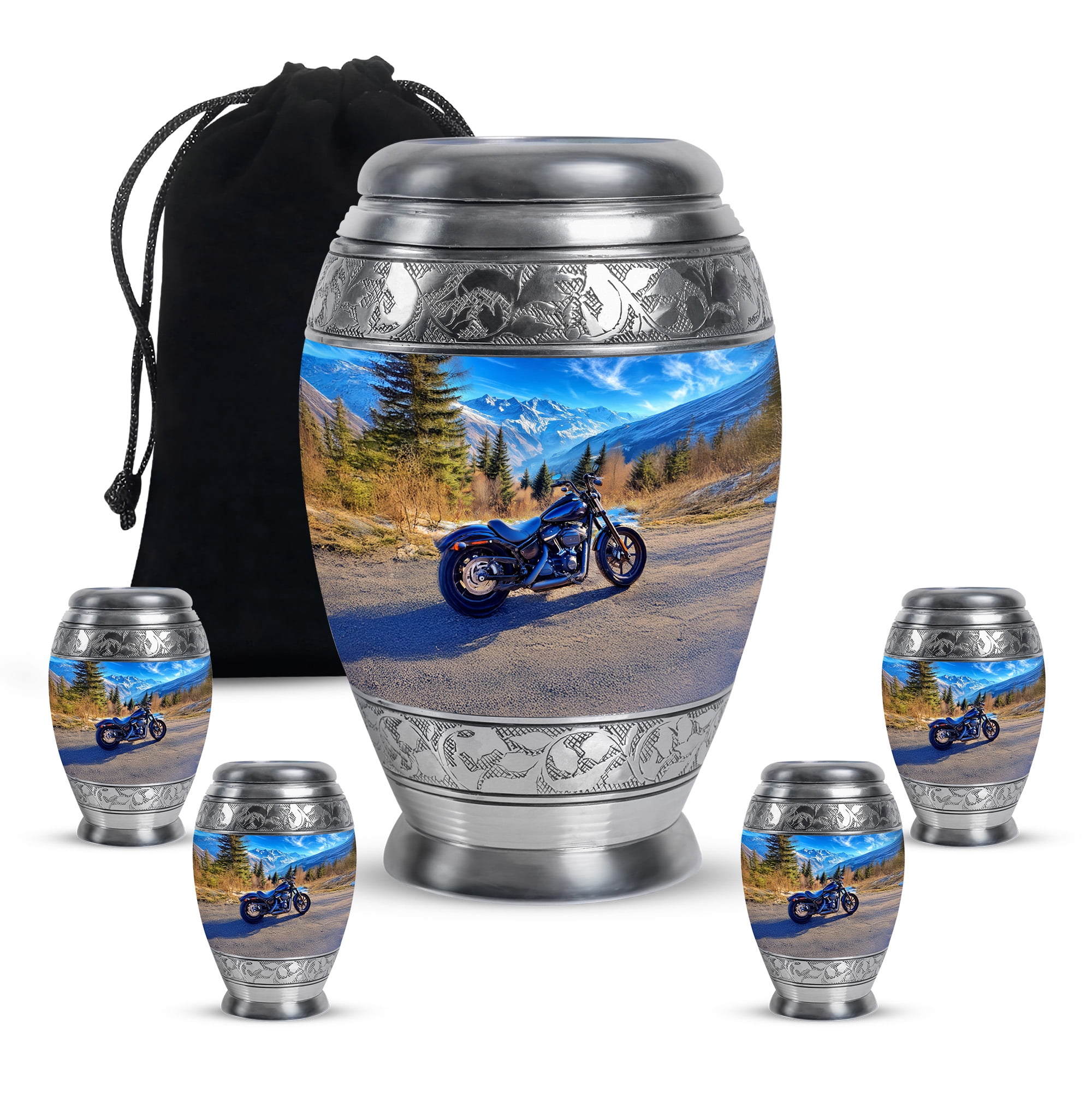 Bike Urns For Human Ashes Adult Man And Woman - 1 Large Blue Urn For Adult Male - 10 Inch Mountain Decorative Urn For Ashes For Male And Female - Set Of 4 Keepsake For Mother And Father, Small 3 Inch