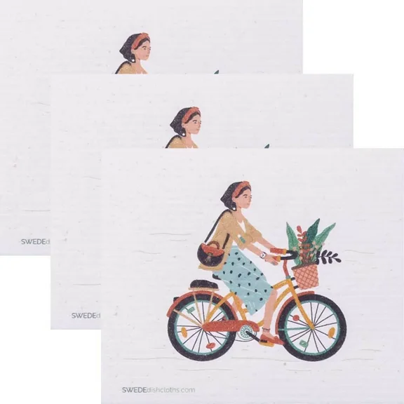 Bike With Basket Set Of 3 Cloths (One Of Each Design) Swedish Dishcloths Eco Ab