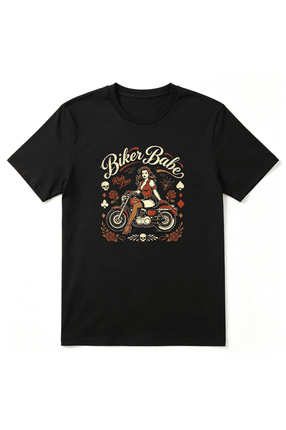 Biker Babe Motorcycle Skull Art Retro Graphic Tee for Men and Women, Witty BBQ Cotton Short Sleeves T-Shirt
