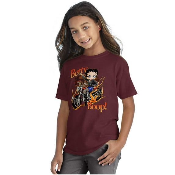 Biker Betty Boop Flaming Motorcycle Girls Kids T Shirt Tees Teen Brisco Brands L