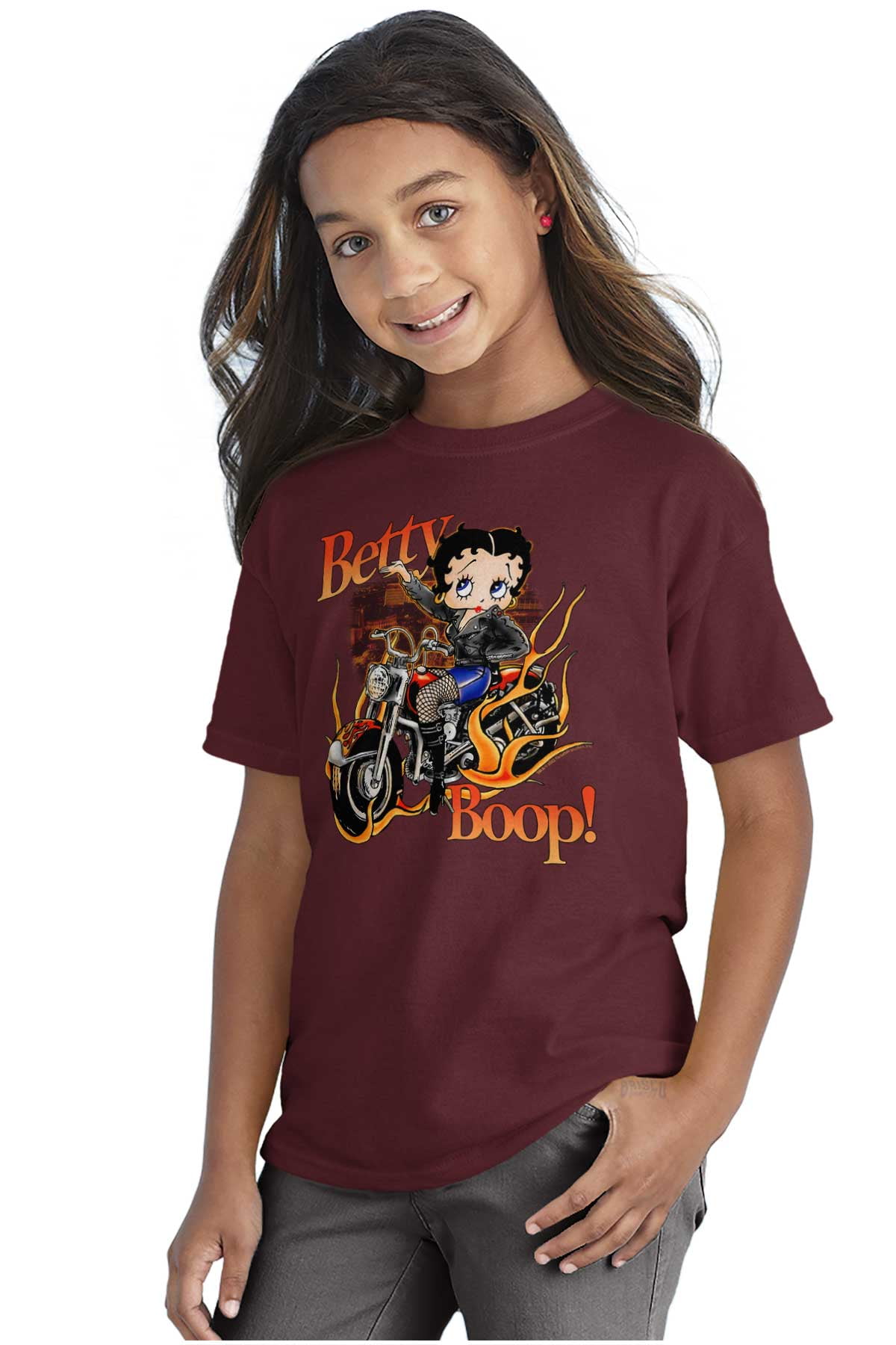 Biker Betty Boop Flaming Motorcycle Girls Kids T Shirt Tees Teen Brisco ...