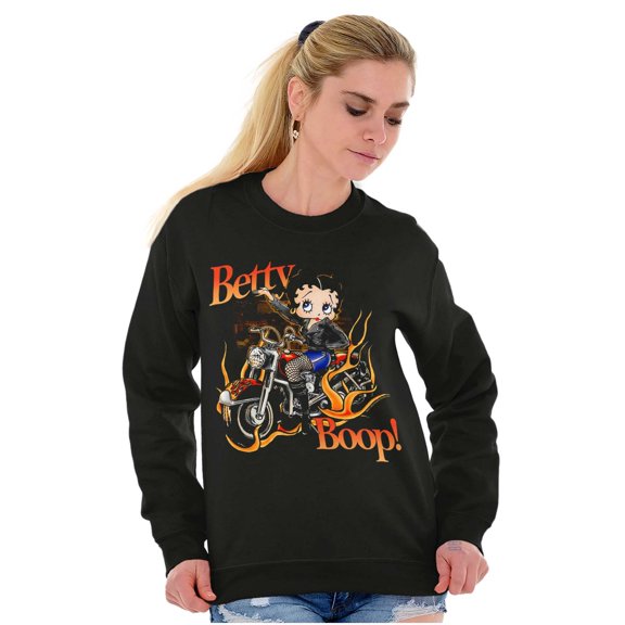 Biker Betty Boop Flaming Motorcycle Women Crewneck Sweatshirt Brisco Brands S