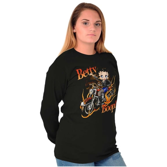 Biker Betty Boop Flaming Motorcycle Women's Long Sleeve T Shirt Brisco Brands X