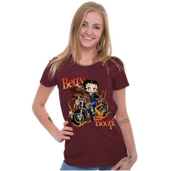 Biker Betty Boop Flaming Motorcycle Women's T Shirt Ladies Tee Brisco Brands M