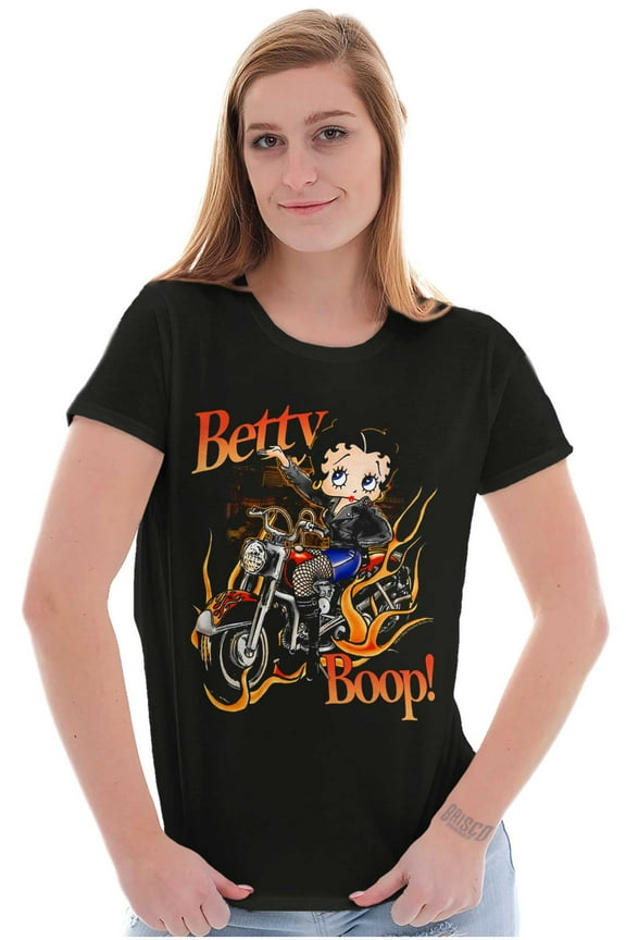 Biker Betty Boop Flaming Motorcycle Women's T Shirt Ladies Tee Brisco Brands S
