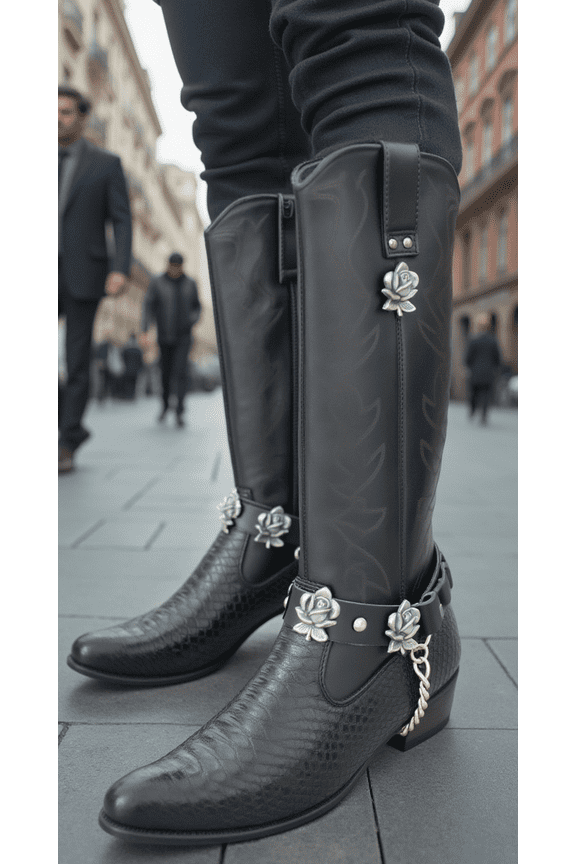 Biker Boot Bracelets Motorcycle Accessory Unisex Black Faux Leather Straps with Silver Metal Rose Flower Charms and Chain Pair Adjustable 12"-16"