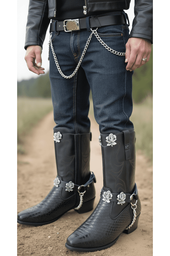 Biker Boot Bracelets Pair for Men and Women Black Faux Leather Straps + Silver Metal Rose Flower Charms Chain Links 2 PCS Adjustable Size 12"-16"