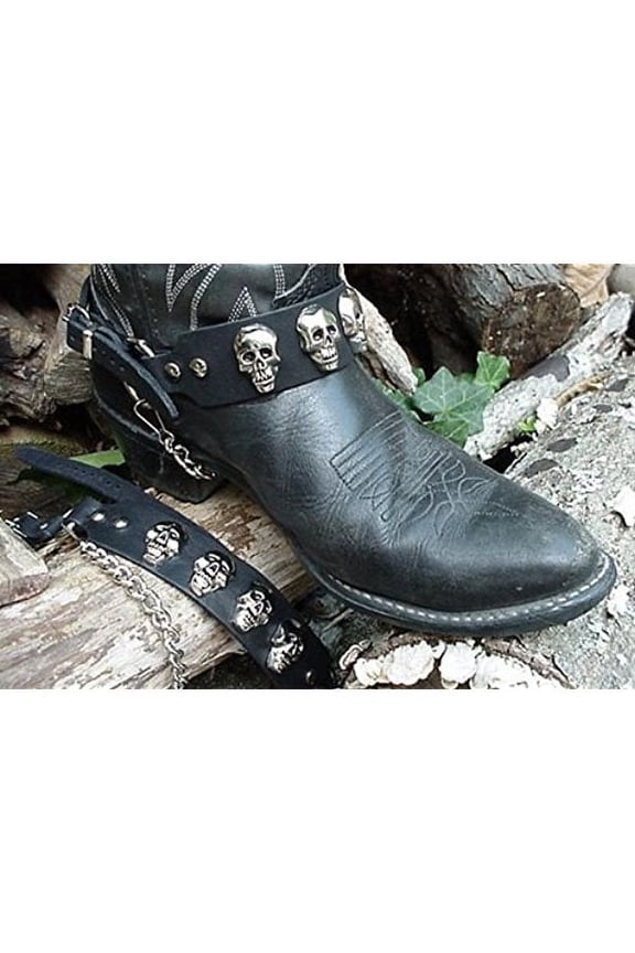 Biker Boots Boot Chains Black Topgrain Cowhide Leather with Cast Skulls
