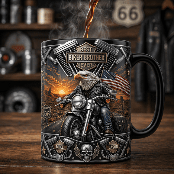 Biker Brother Magic Mug Personalized Bald Eagle Motorcycle Gift for Dad or Brother