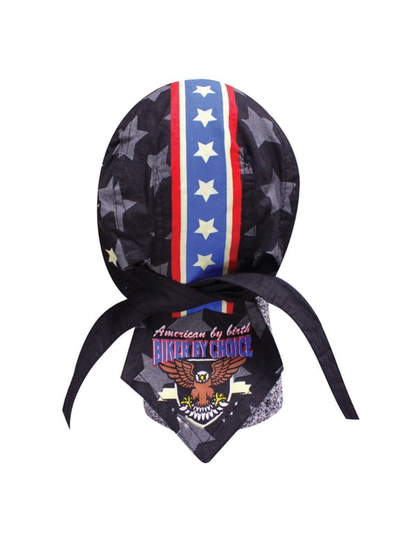 Biker By Choice Motorcycle Doo Rag Skull Cap Stars and Stripes Red White Blue Knievel Pattern Head Wrap