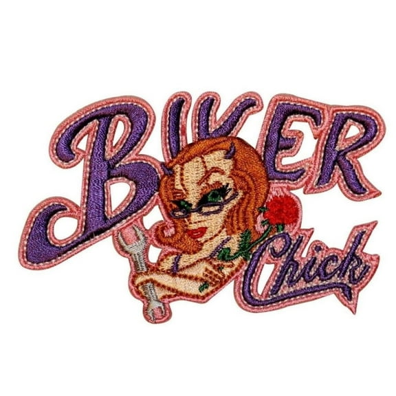 Biker Chick Badge Patch Devil Woman Wrench Symbol Embroidered Iron On Applique