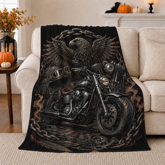 Biker Eagle Motorcycle Art Black Bold Mechanical, Festive Holiday Scene, Warm Flannel Blanket for Living Room and Reading Nook, Art Lovers person's Day Gift, Artistic Home Decor