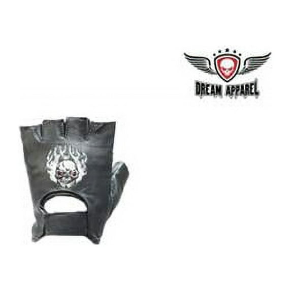 Biker Fingerless Gloves with Skull in Flames - Medium