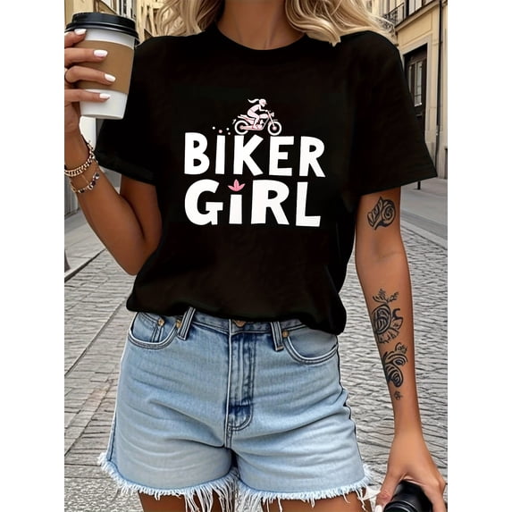 Biker Girl Graphic Womens Black Short Sleeve T shirt for Motorcycle Enthusiasts Tee