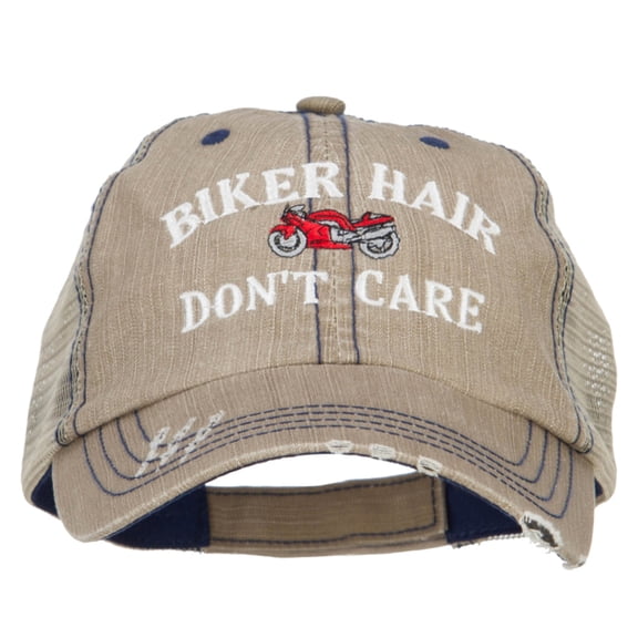 Biker Hair Don't Care Embroidered Cotton Mesh Cap - Khaki OSFM
