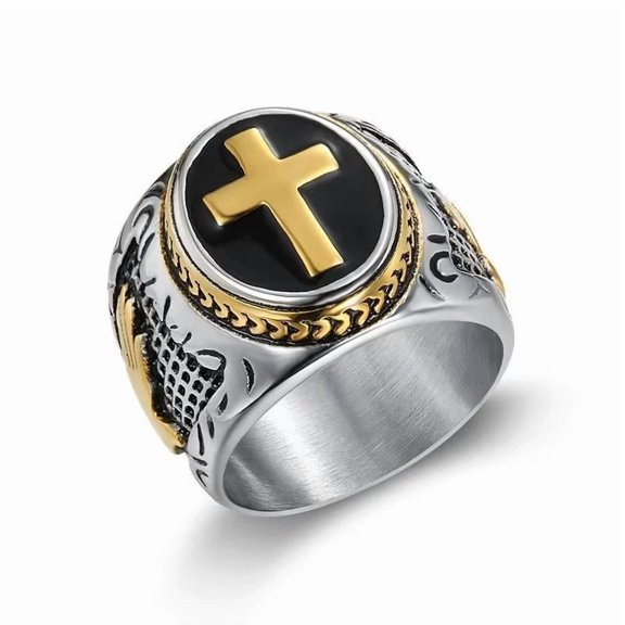 Biker Men's Gold Stainless Steel Christian Holy Cross Prayer Religious Enamel Textured Size 12 R63