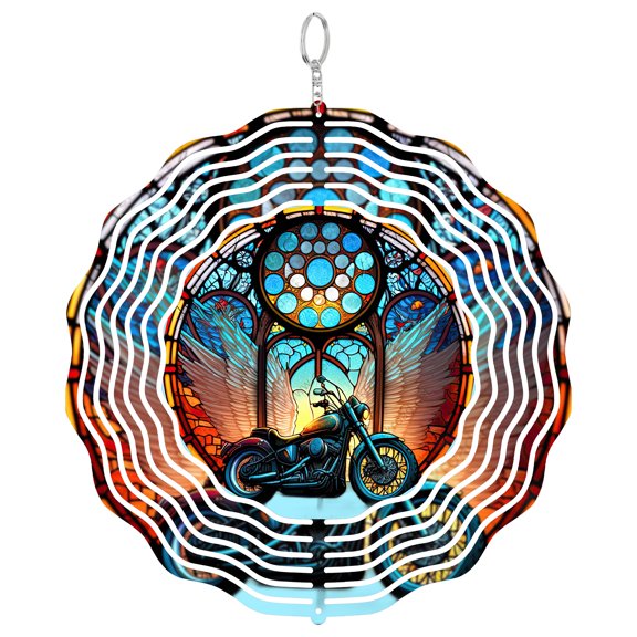 Biker Motorcycle With Angel Wings 3D Wind Spinner, Stainless Steel Memorial Rider Garden Gift, Round