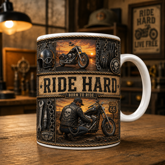 Biker Mug Ride Hard Coffee Cup, Motorcycle Gift for Riders, Garage Coffee Mug