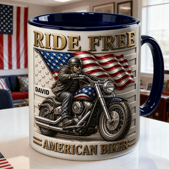 Biker Patriotic Mug 2D Printed 3D Effect, American Rider Coffee Cup Gift