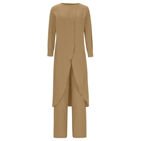 Biker Sets 2 Piece Outfits Women 2 Piece Outfits Long Sleeve Tunic Tops and Wide Leg Trouser Pants Plus Size Loungewear Sets Fall Outfits S-86 Khaki S