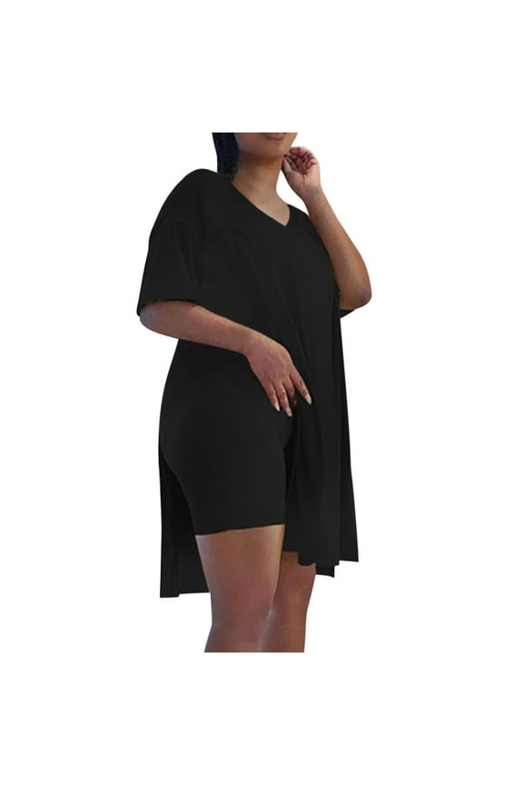 Biker Shorts Sets Women 2 Piece Outfits Plus Size Short Sleeve Tracksuits Set V Neck Tunic Tops Solid Tees
