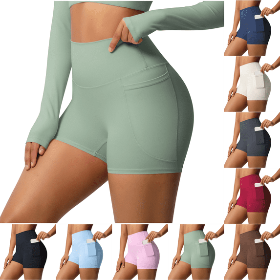 Biker Shorts Women High Waisted Tummy Control Running Yoga Workout Compression Spandex Shorts with Pockets Green L