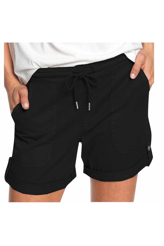 Biker Shorts Women Solid Color Straight Elastic Waist Pocket Lace Plus Size Shorts for Women,Black,M