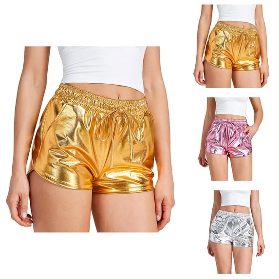 Biker Shorts Women Sparkly Drawstring Yoga Shorts Shiny Waist Booty Dance Rave Pants for Women