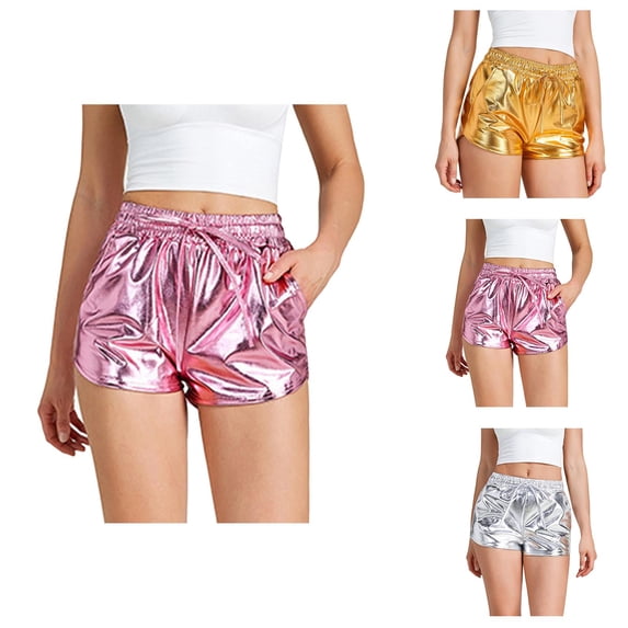 Biker Shorts Women Sparkly Drawstring Yoga Shorts Shiny Waist Booty Dance Rave Pants for Women