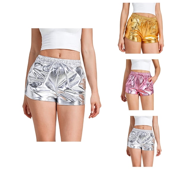 Biker Shorts Women Sparkly Drawstring Yoga Shorts Shiny Waist Booty Dance Rave Pants for Women