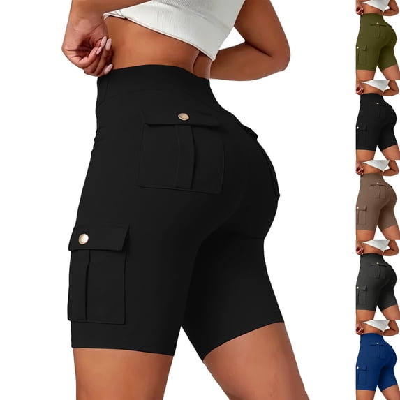 Biker Shorts Women Tummy Control Butt Lifting Athletic Yoga Shorts with Pockets High Waist Gym Cargo Short Leggings Black L