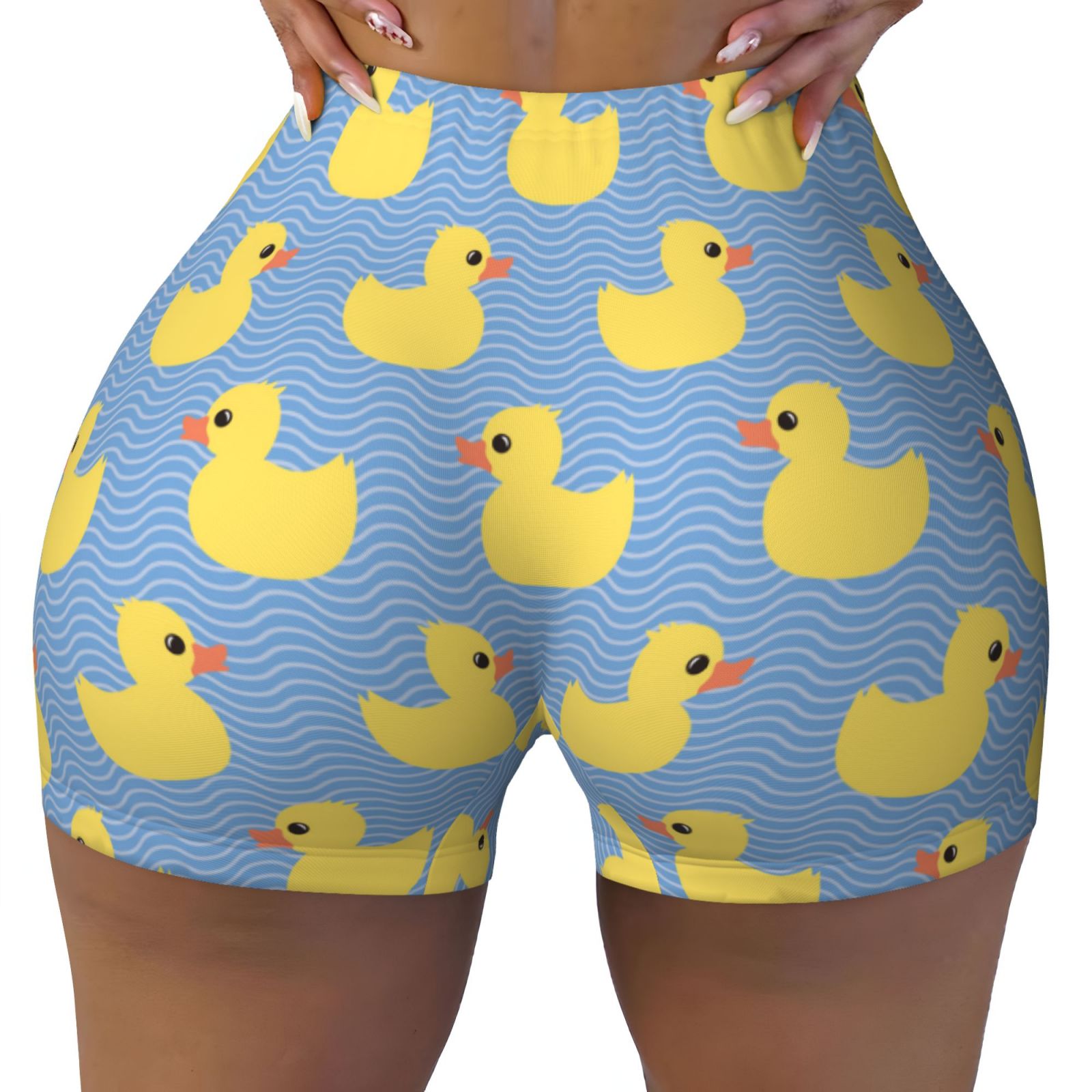Biker Shorts Women Tummy Control Wavy Pattern Cute Duck Workout