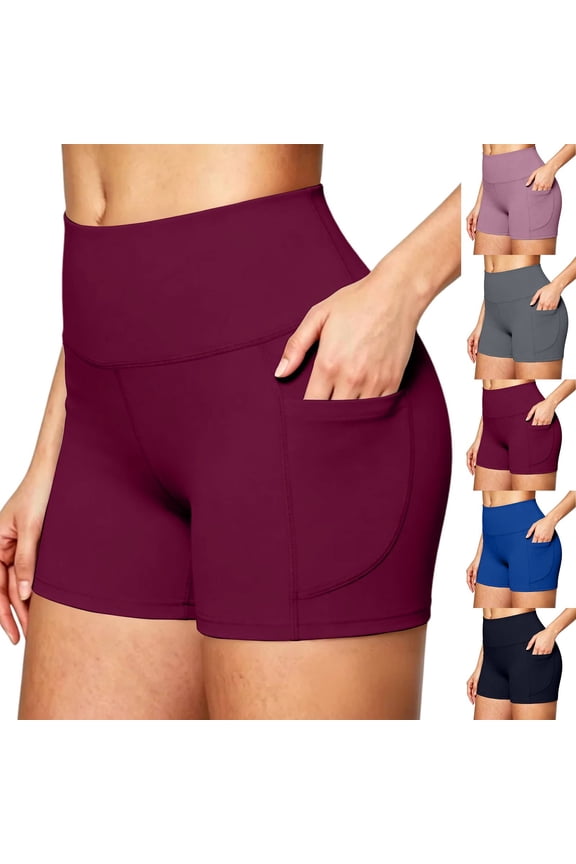 Biker Shorts Women with Pockets High Waisted Workout Spandex Tummy Control Gym Running Yoga Shorts Wine L