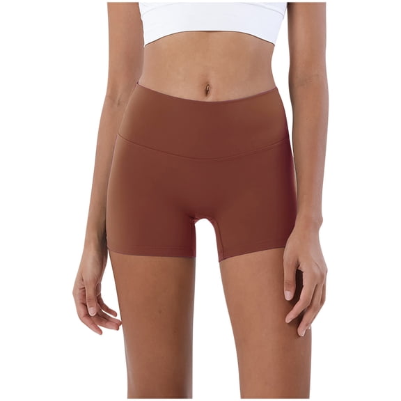 Biker Shorts for Women Elastic Waistband Workout Yoga Seamless Short Pants Slim Fitted Gym Fitness Shorts (M, Brown)