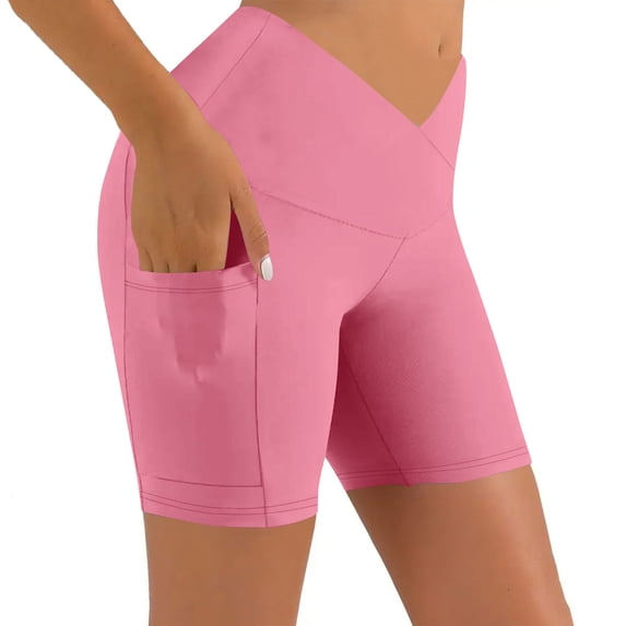 Biker Shorts for Women with Pockets,Athletic Cross V-Waist Seamless Comfort Running Gym Workout Bottom