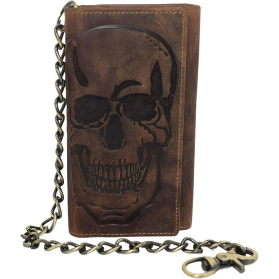 Biker Skull Chain Wallet RFID Signal Blocking Men's Vintage Leather Long Tri-fold Chain Checkbook Card ID Wallet Skull Brown