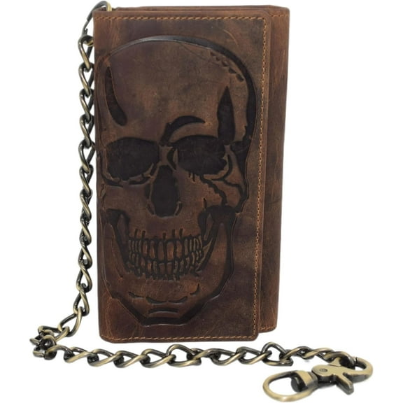 Biker Skull Chain Wallet RFID Signal Blocking Men's Vintage Leather Long Tri-fold Chain Checkbook Card ID Wallet Skull Brown