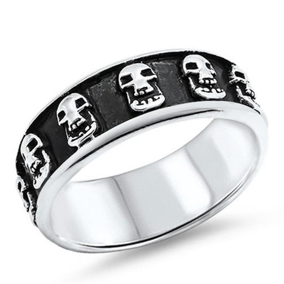 Biker Skull Ring Eternity Black .925 Sterling Silver Face Band Jewelry Female Male Unisex Size 5