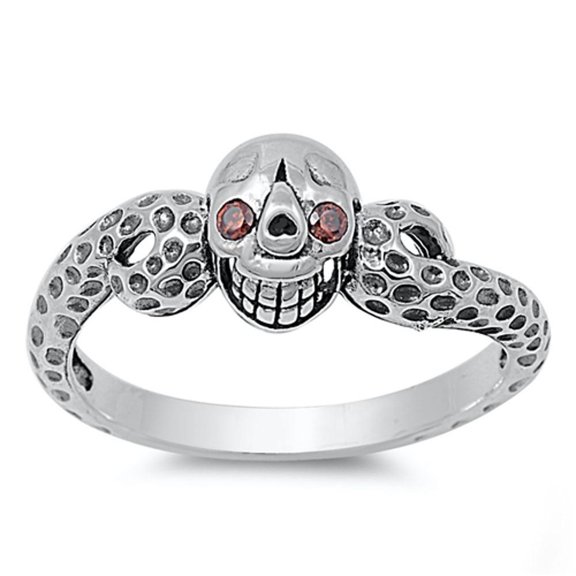 Biker Skull Simulated Garnet Ring .925 Sterling Silver Band Red Cubic Zirconia Jewelry Female Size 4